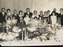 Kaplan siblings at Morris and Goldie’s 50th Wedding Anniversary Gala held at the kosher restaurant in Wilkes-Barre circa 1959: Dave with Bernice, Jody and Karen in front of them; Max with Dorothy; Charlie with Sandy in front of him; Sara and Morris with Max and Dorothy’s kids in front: Bonnie, Betty, Alan (Artie wasn’t born yet); Molly and Dyke, their son Howard is between them, Rona in front of Dyke; Allan Yudacufski: Morris and Goldie center stage