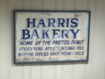 Sign outside  Harris bakery.  Now graces the wall in the home of Sam Harris`s great-grandson Danny Malett and wife Liz